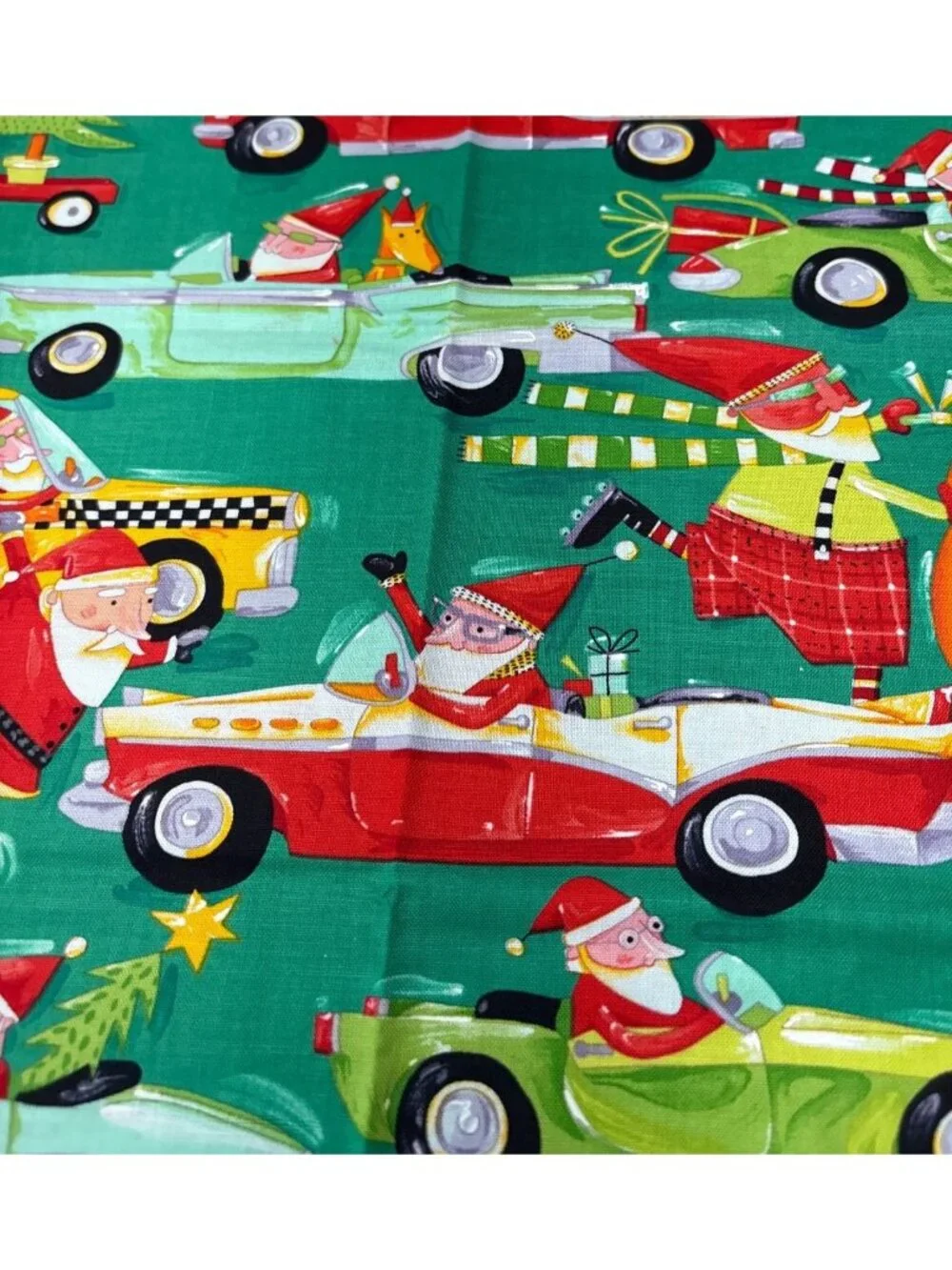 Christmas Santa Cars Cotton Fat Quarter Fabric 18x22 Festive Green Holiday Print